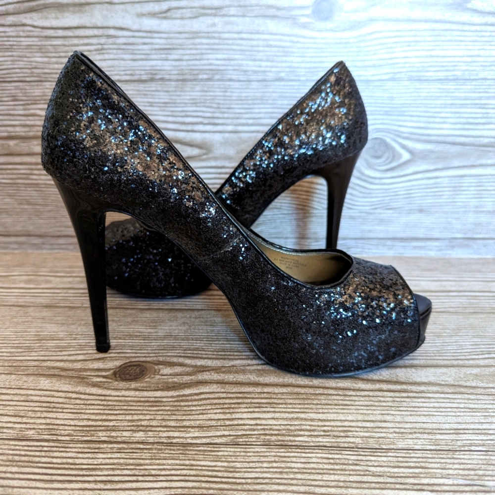 Guess Black Glitter Peep Toe Platform Stiletto